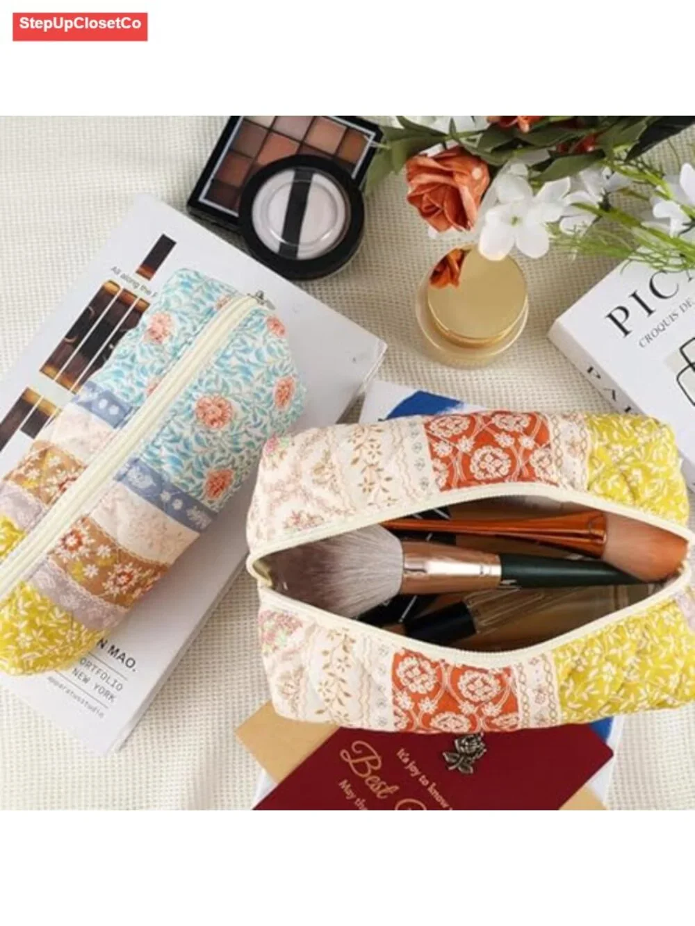 Cotton Quilted Floral Makeup Bag Set of 2 - Zipper Pouch Travel Toiletry